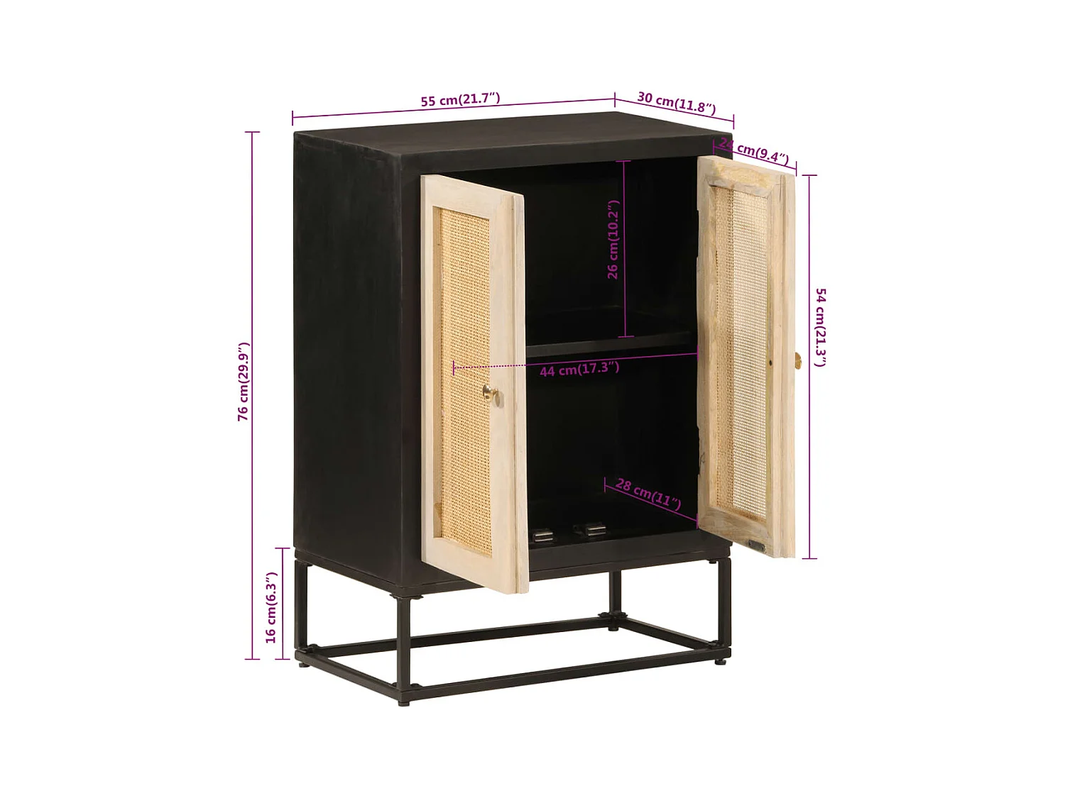 Buffet noir 55x30x76 cm bois massif de manguier et fer