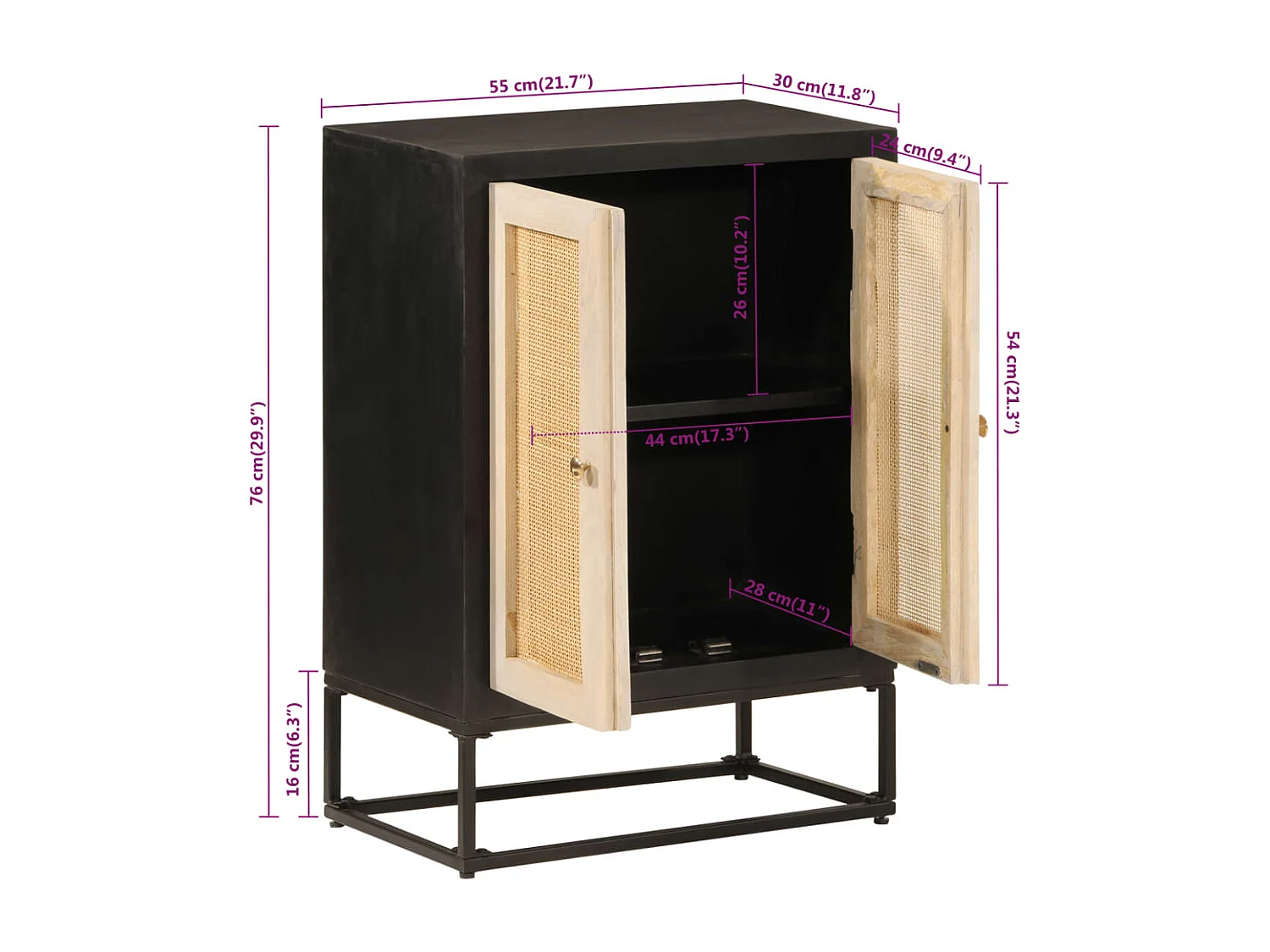 Buffet noir 55x30x76 cm bois massif de manguier et fer