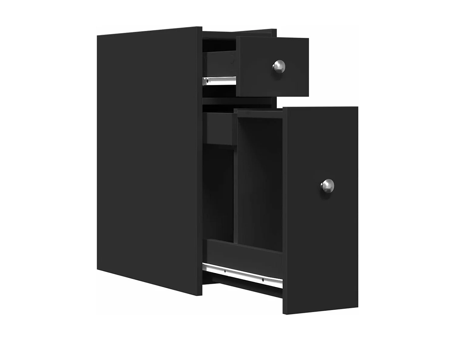 Schmaler Badezimmerschrank mit schwarzen Rollen