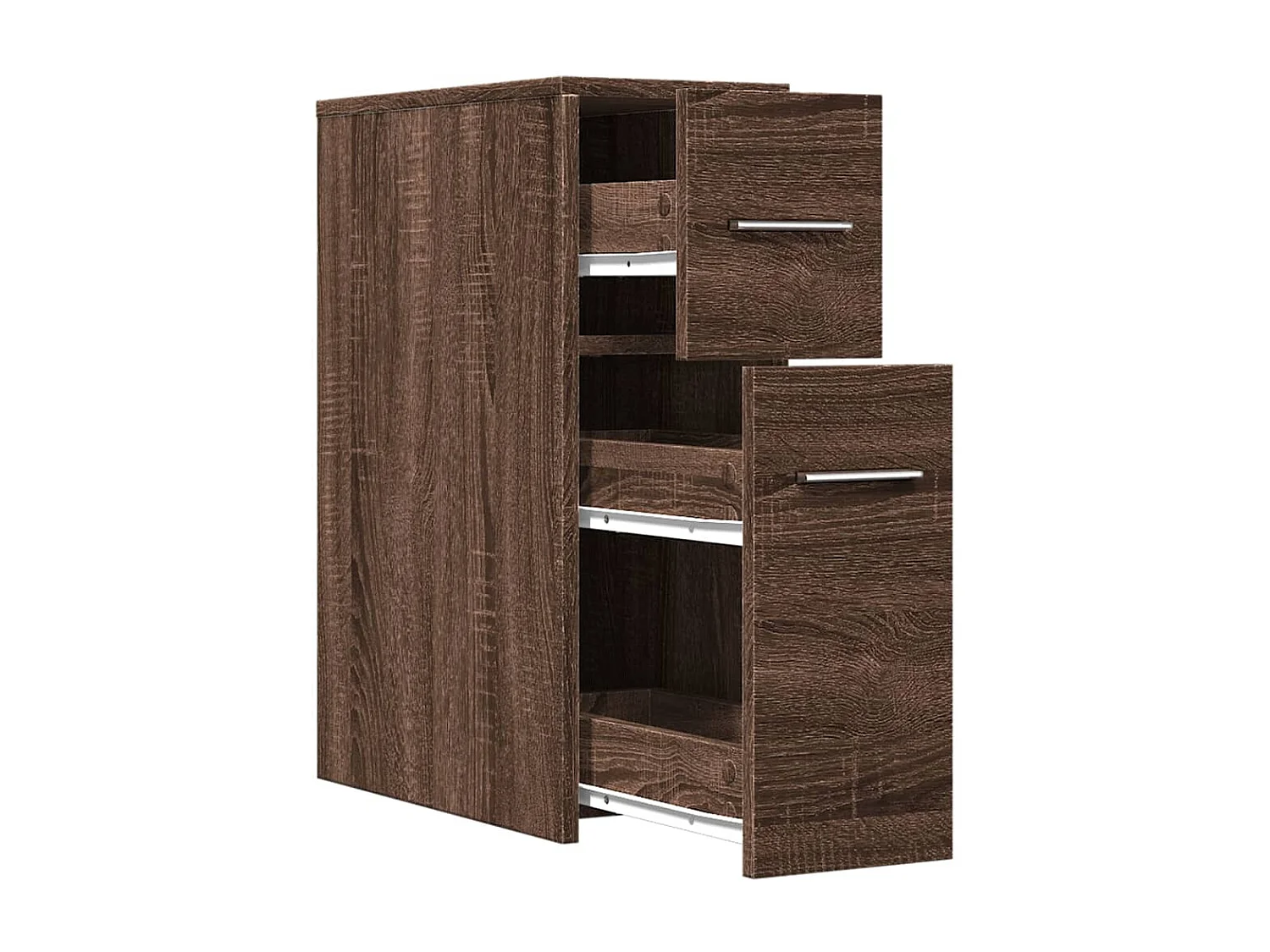 Schmaler Badezimmerschrank mit Rollen aus brauner Eiche