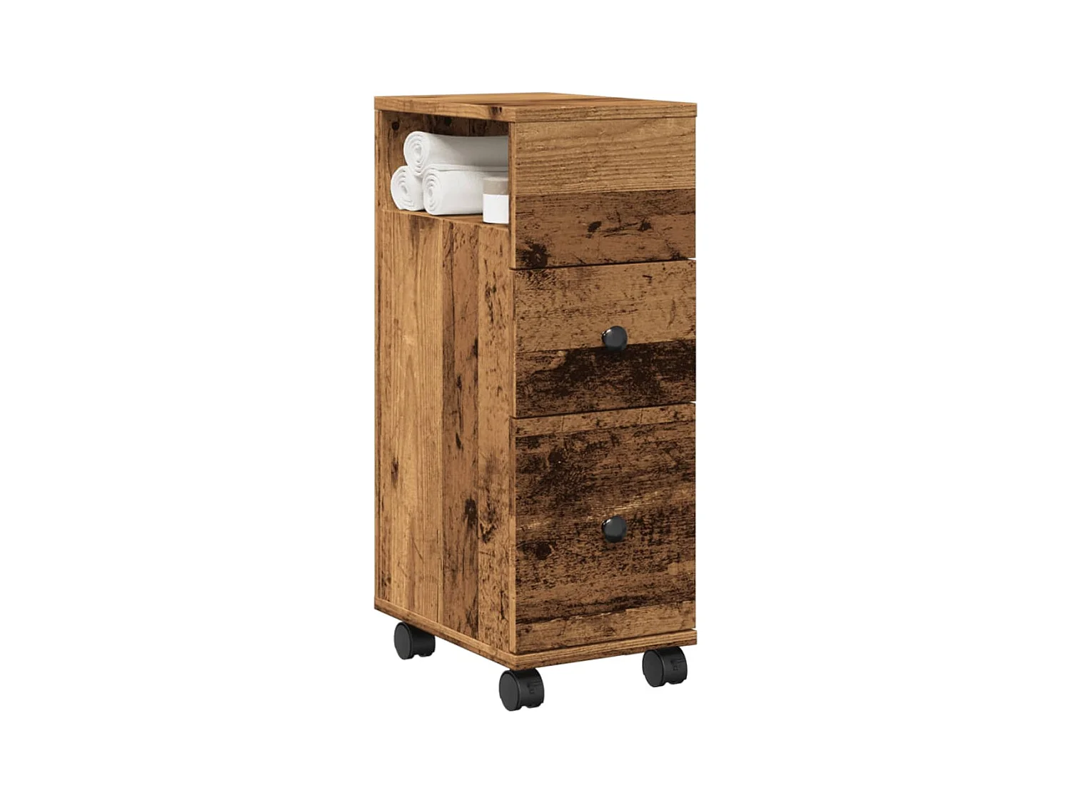 Meuble étroit de salle de bain à roulettes vieux bois