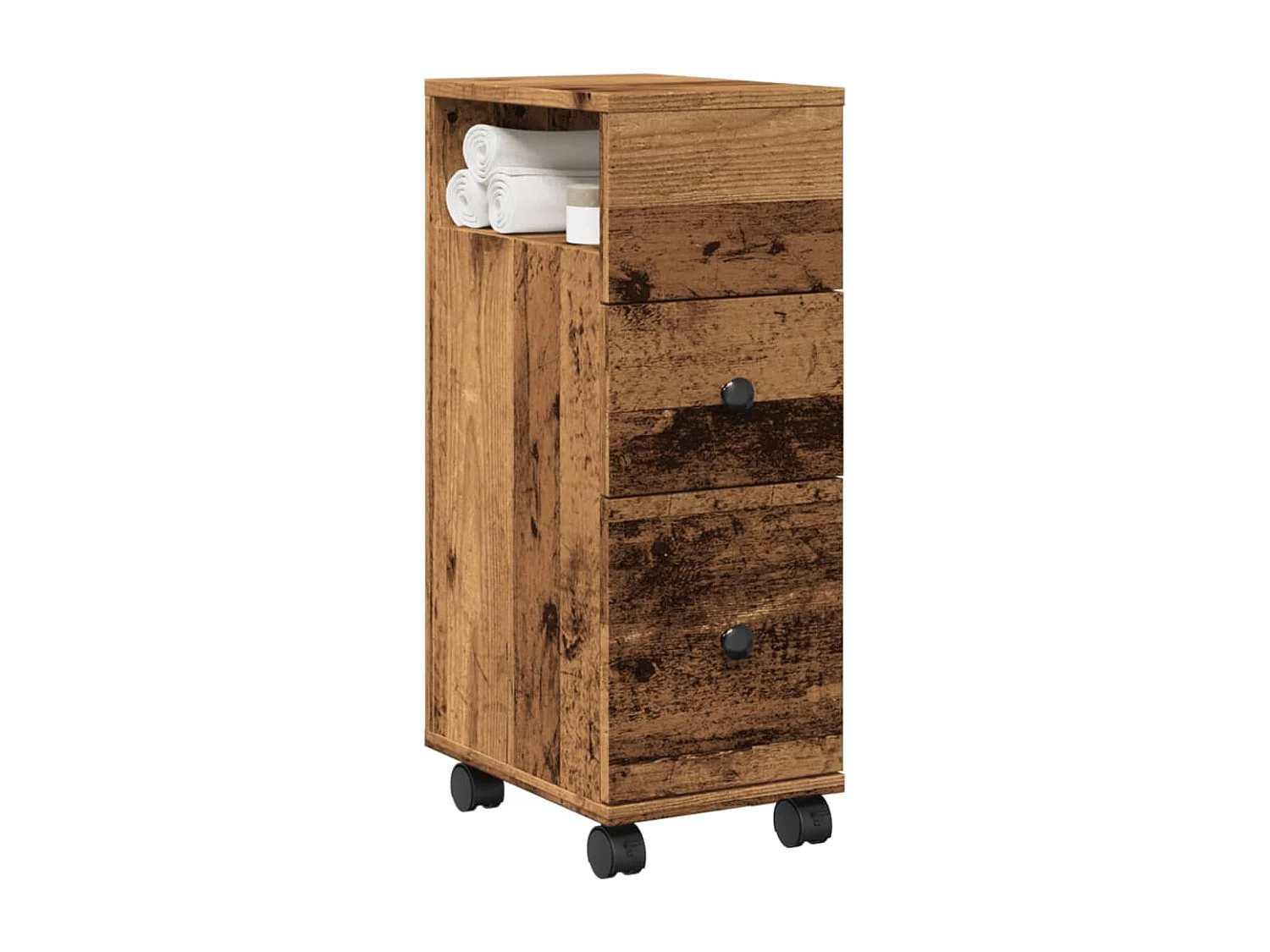 Meuble étroit de salle de bain à roulettes vieux bois