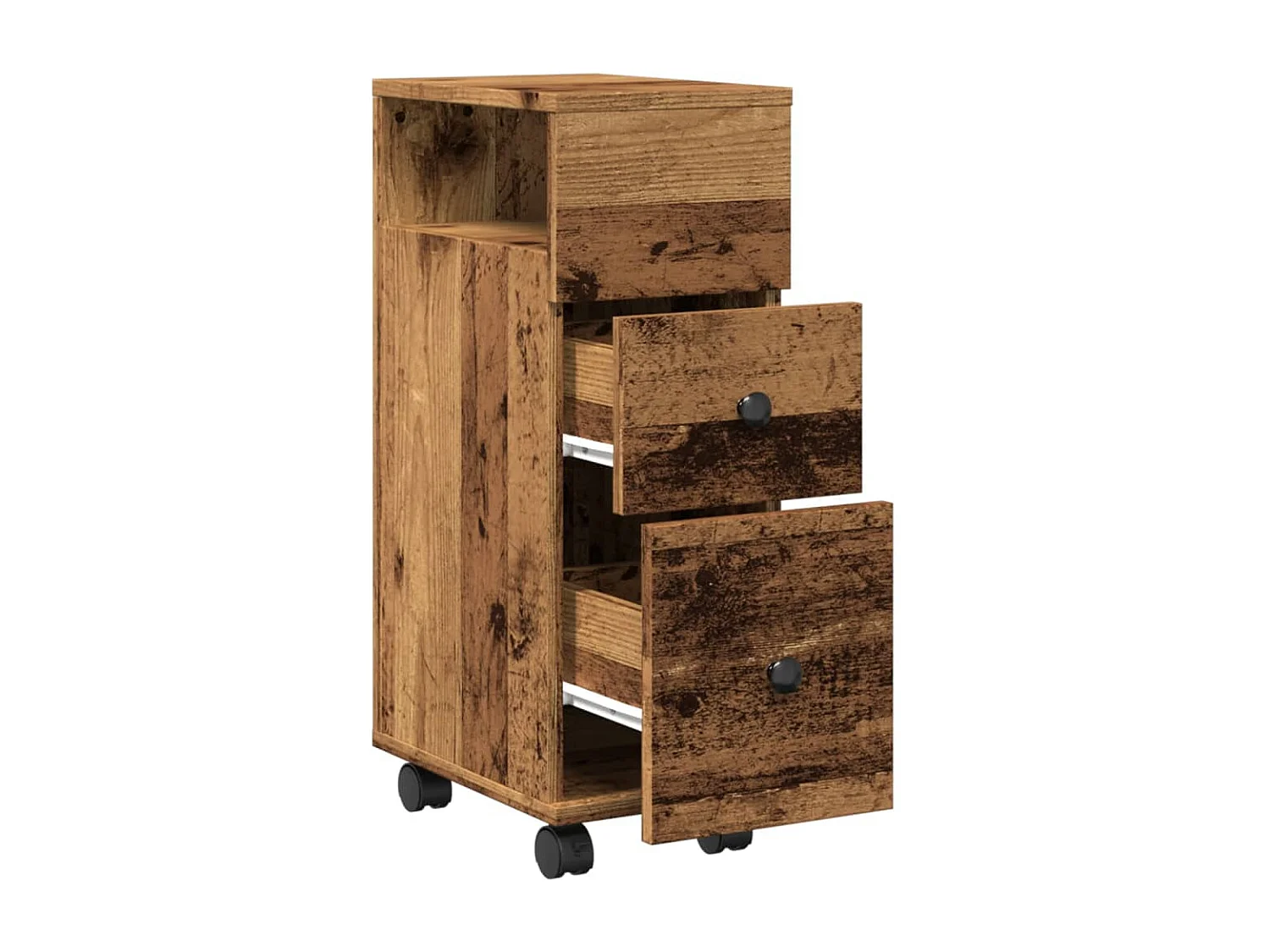 Meuble étroit de salle de bain à roulettes vieux bois