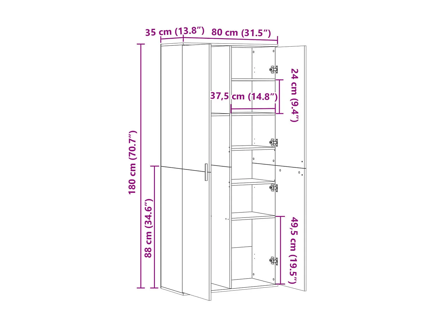 Weißes hohes Sideboard 80x35x180 cm aus Holzwerkstoff