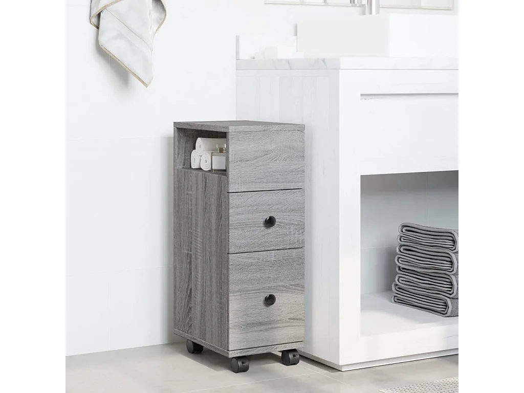 Schmaler Badezimmerschrank auf Rollen Sonomagrau