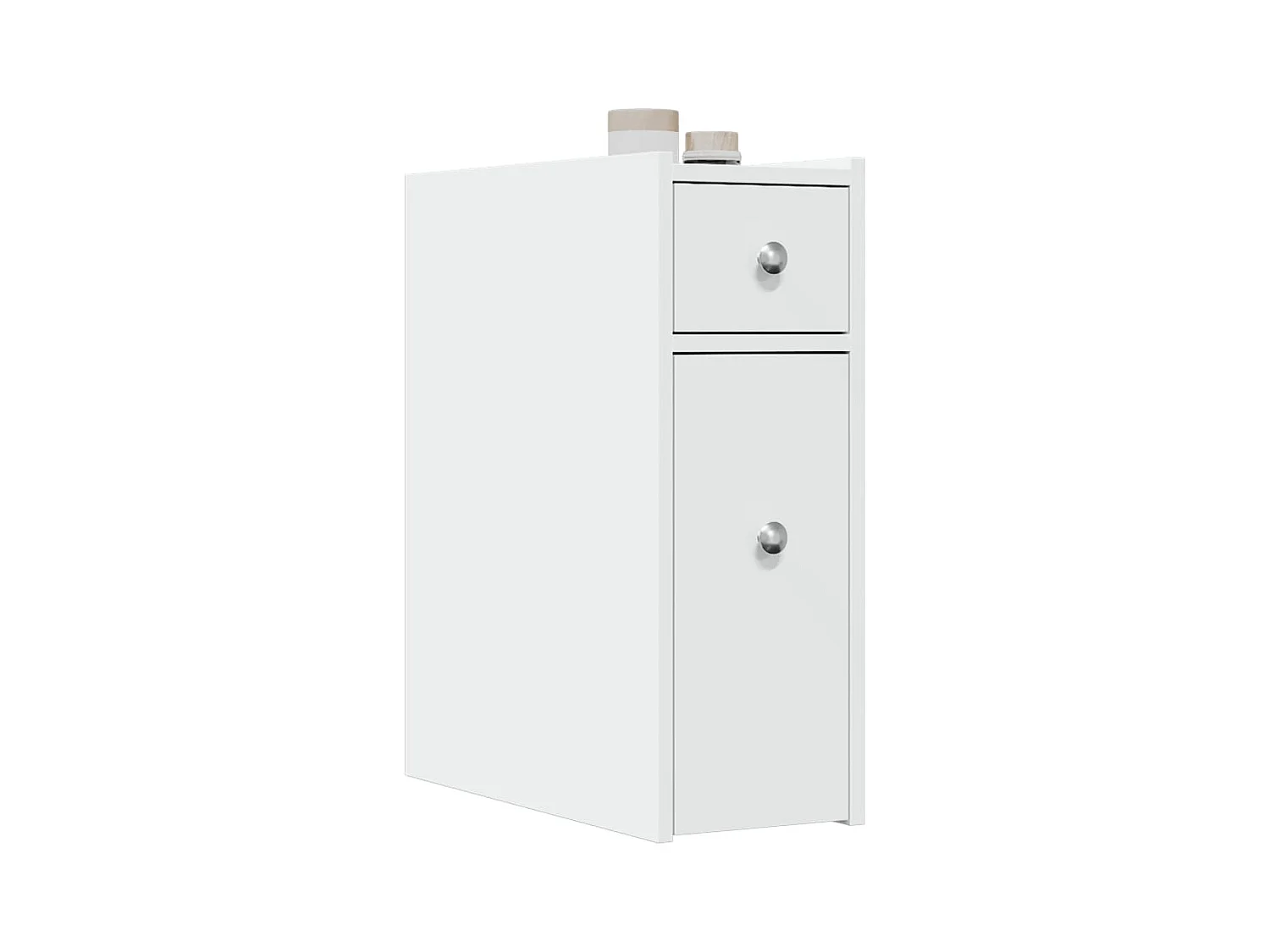 Mueble de baño estrecho con ruedas blancas.