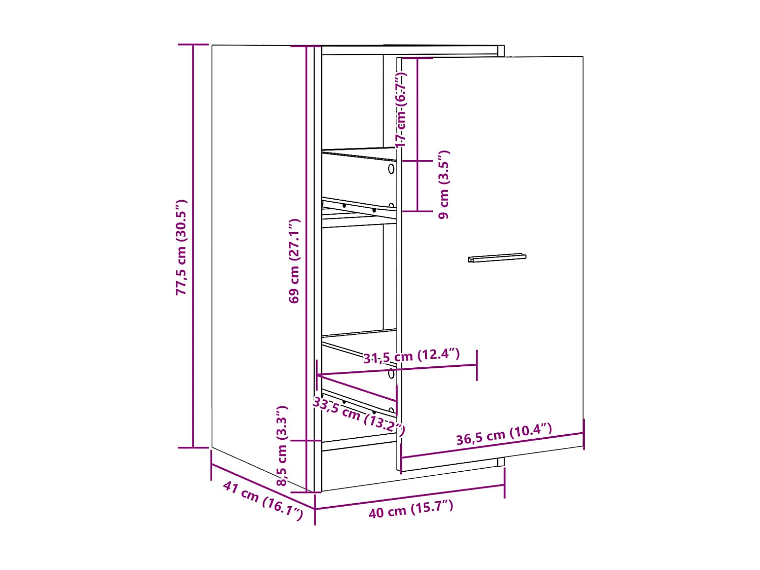 Apothekerschrank aus brauner Eiche, 40 x 41 x 77,5 cm, Holzwerkstoff