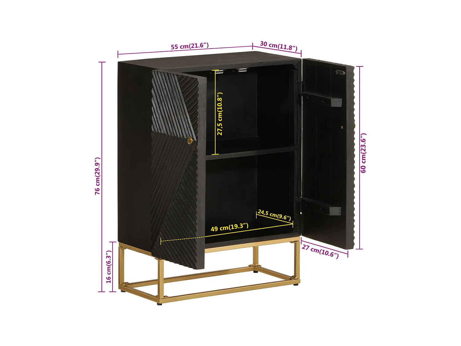Buffet noir 55x30x76 cm bois massif de manguier et fer