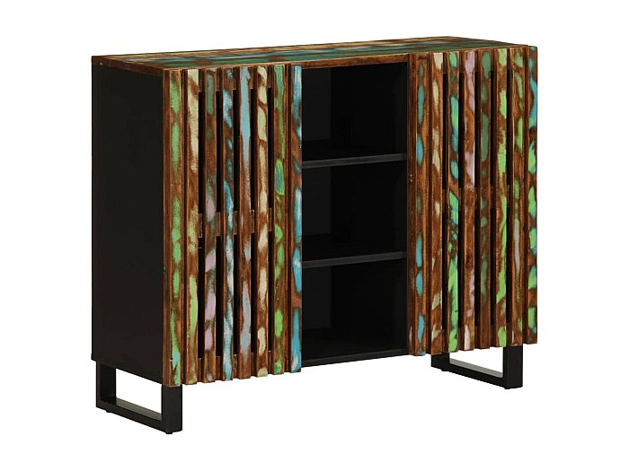 Credenza Legno Mango 90x34x75cm - Stile Industriale, 3 Scomparti Aperti, 2 Ante, Grigio Naturale