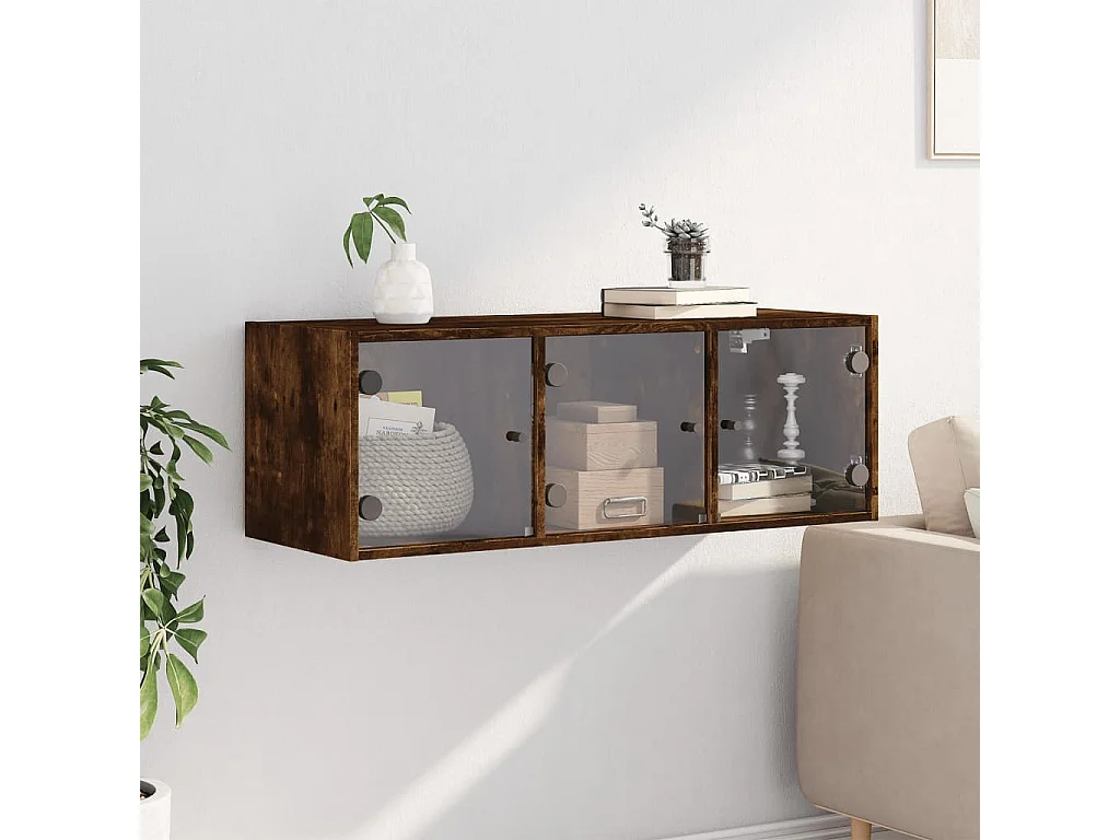 Mueble de pared con puertas de cristal de roble ahumado 102x37x35 cm