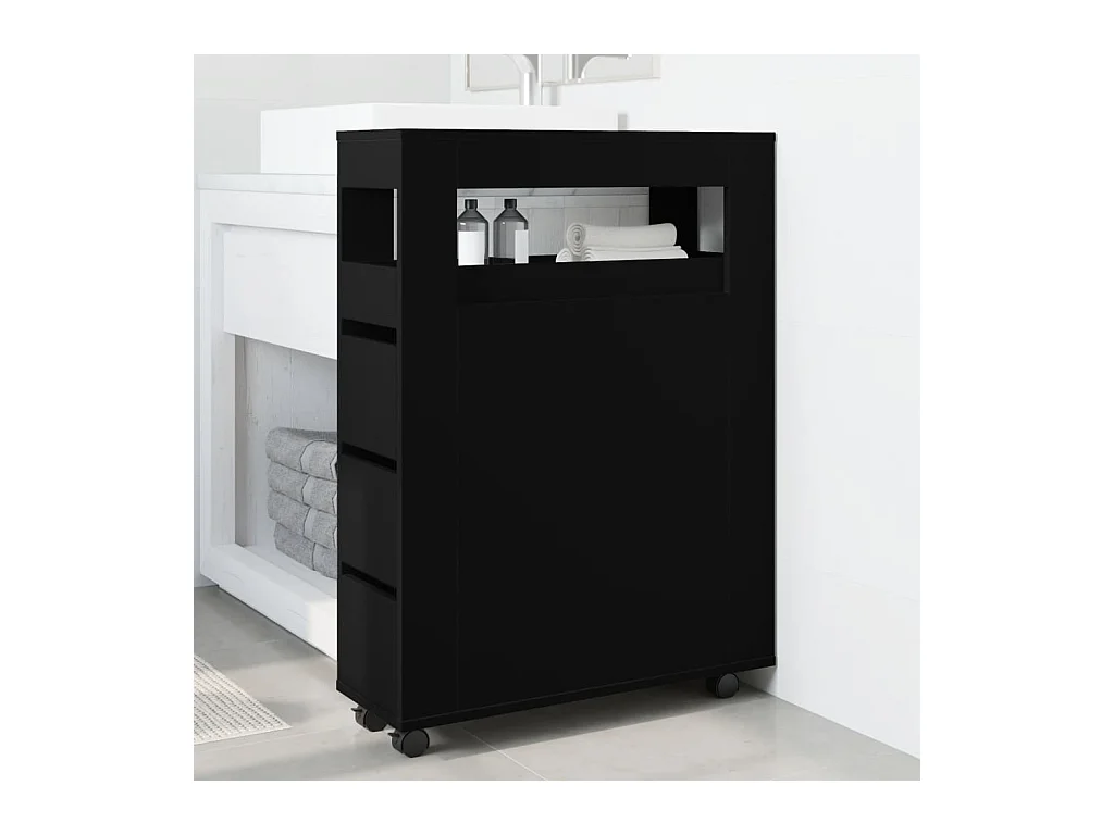 Meuble étroit de salle de bain à roulettes noir