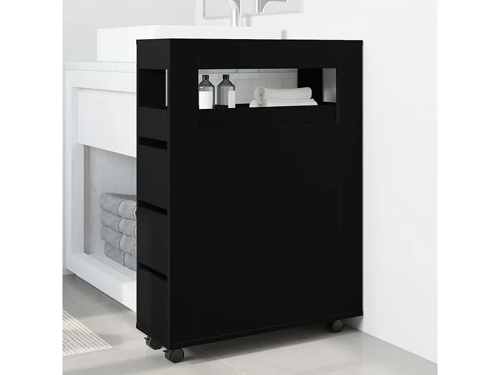 Meuble étroit de salle de bain à roulettes noir