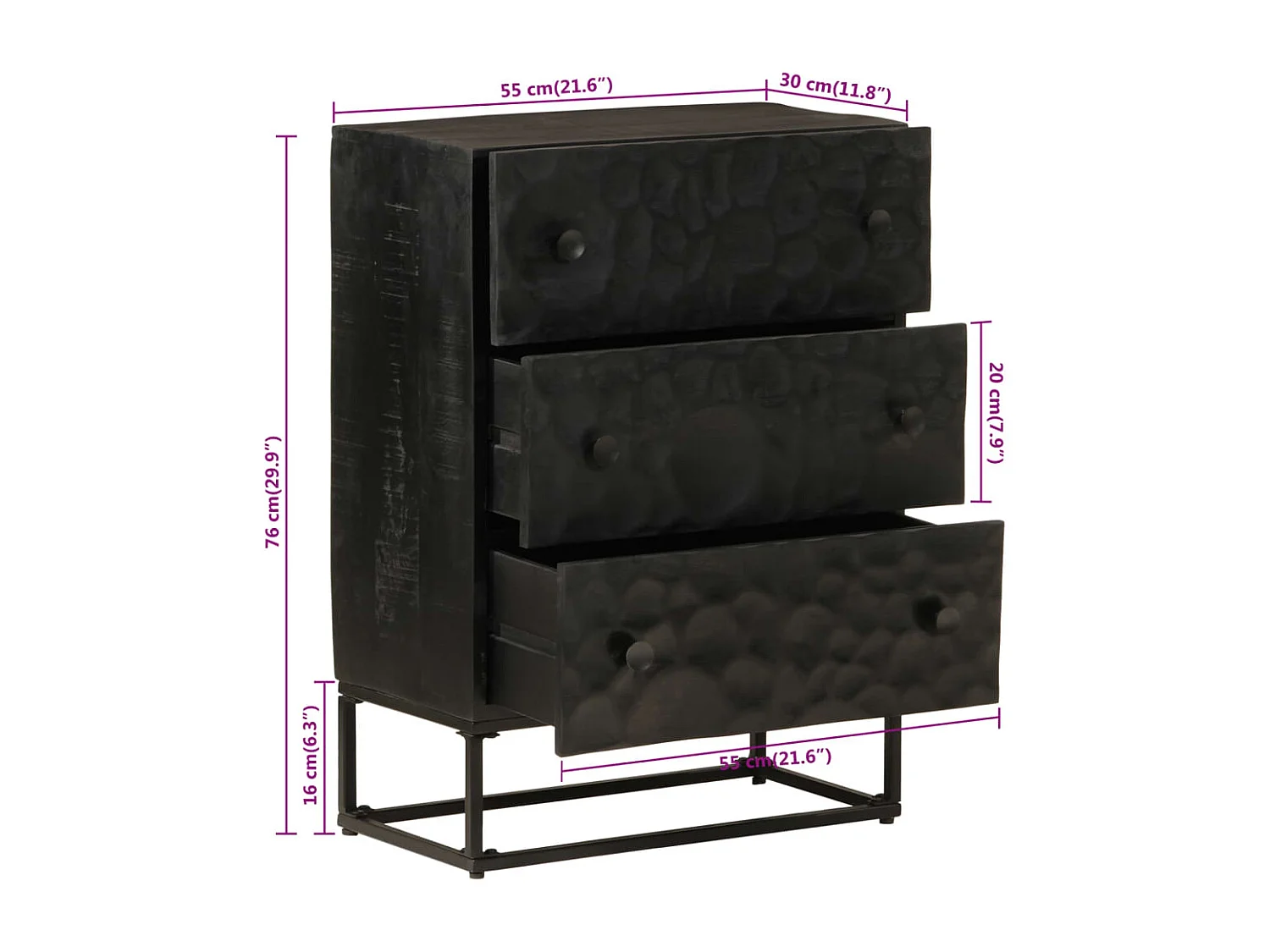 Commode noir 55x30x76 cm bois massif de manguier et fer