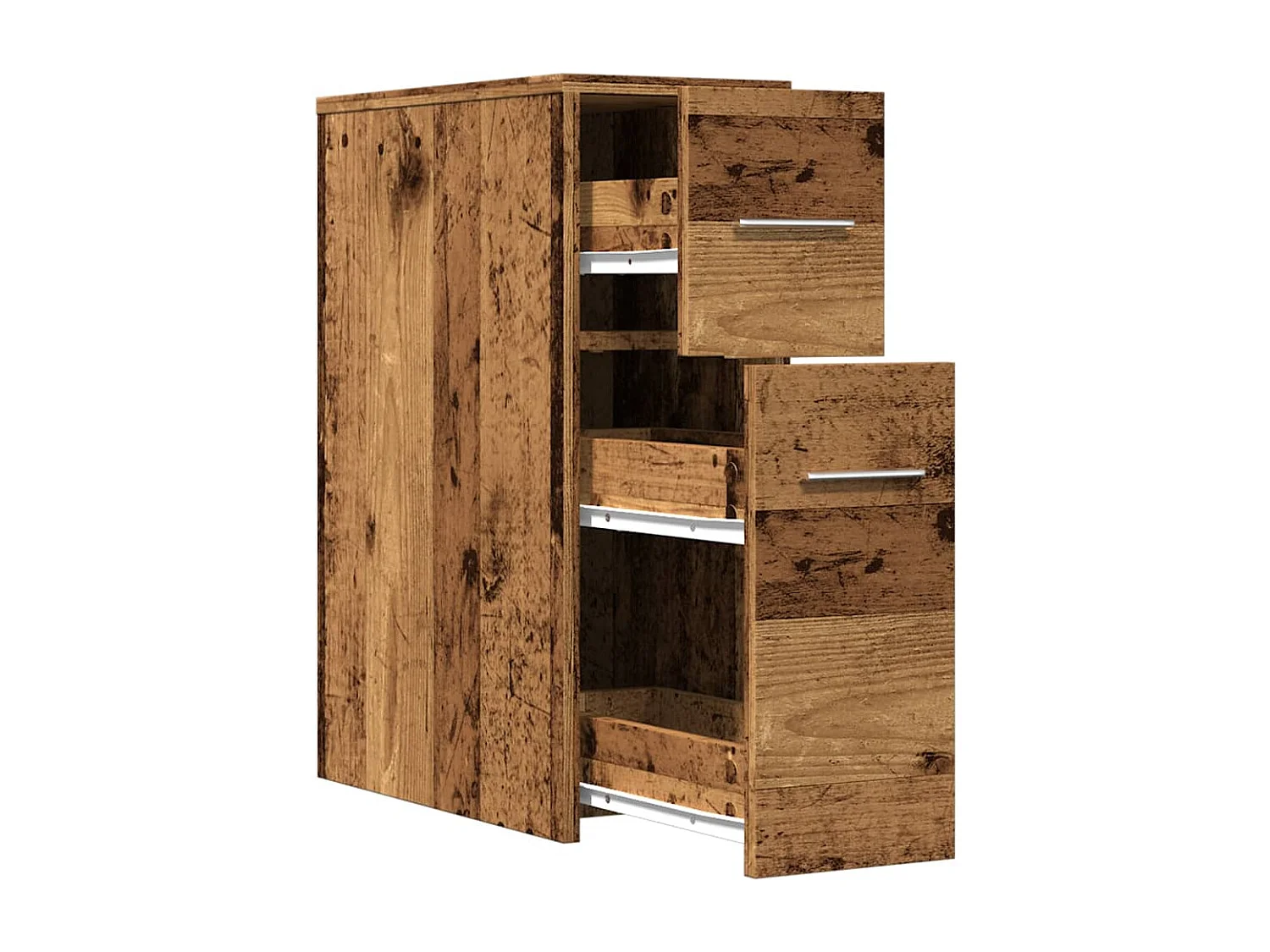 Schmaler Badezimmerschrank mit alten Holzrollen