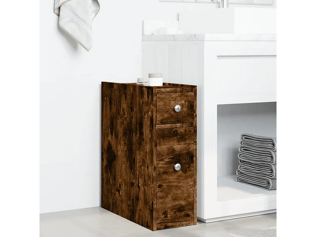 Armoire de salle de bain étroite avec roulettes chêne fumé