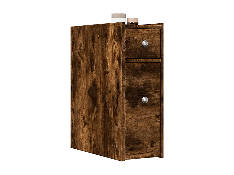 Schmaler Badezimmerschrank mit Rädern aus geräucherter Eiche