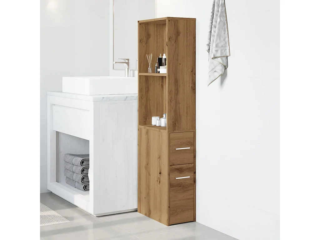 Armoire de salle de bain étroite avec roulettes chêne artisanal