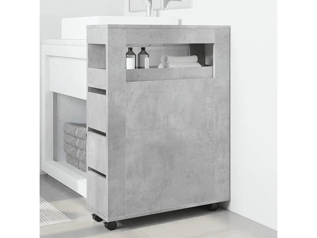 Meuble étroit de salle de bain à roulettes gris béton