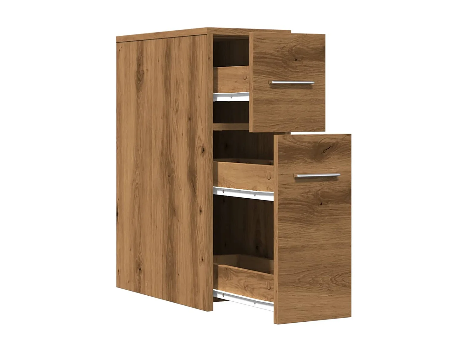 Schmaler Badezimmerschrank mit Rollen aus handgefertigter Eiche