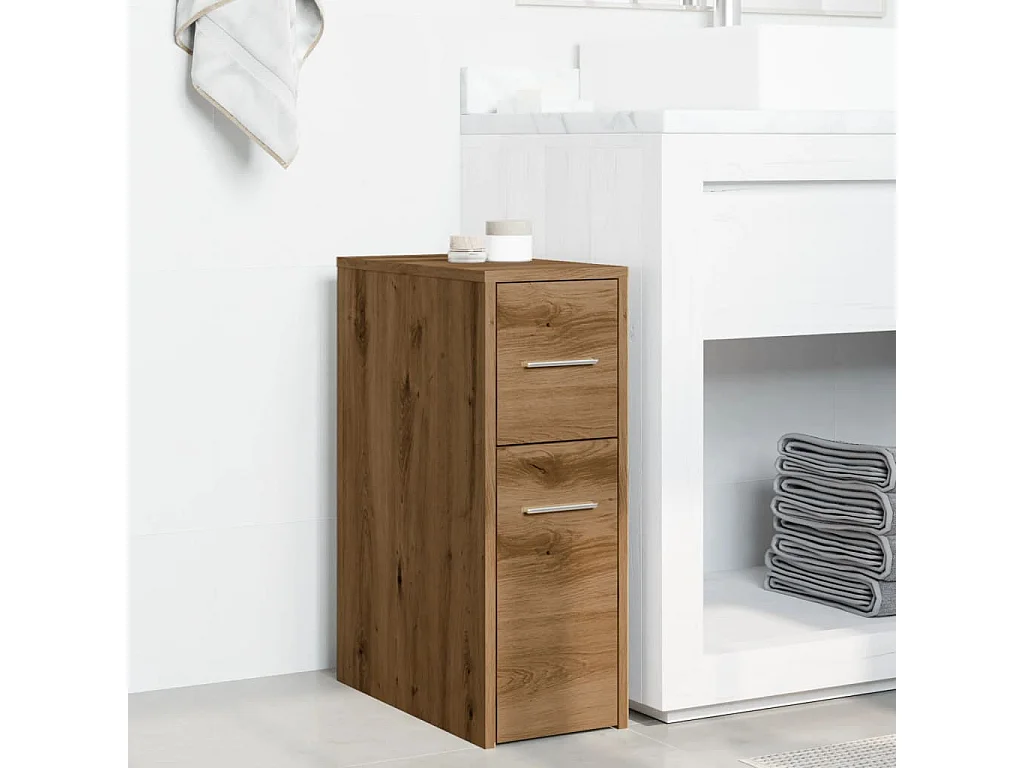 Armoire de salle de bain étroite avec roulettes chêne artisanal