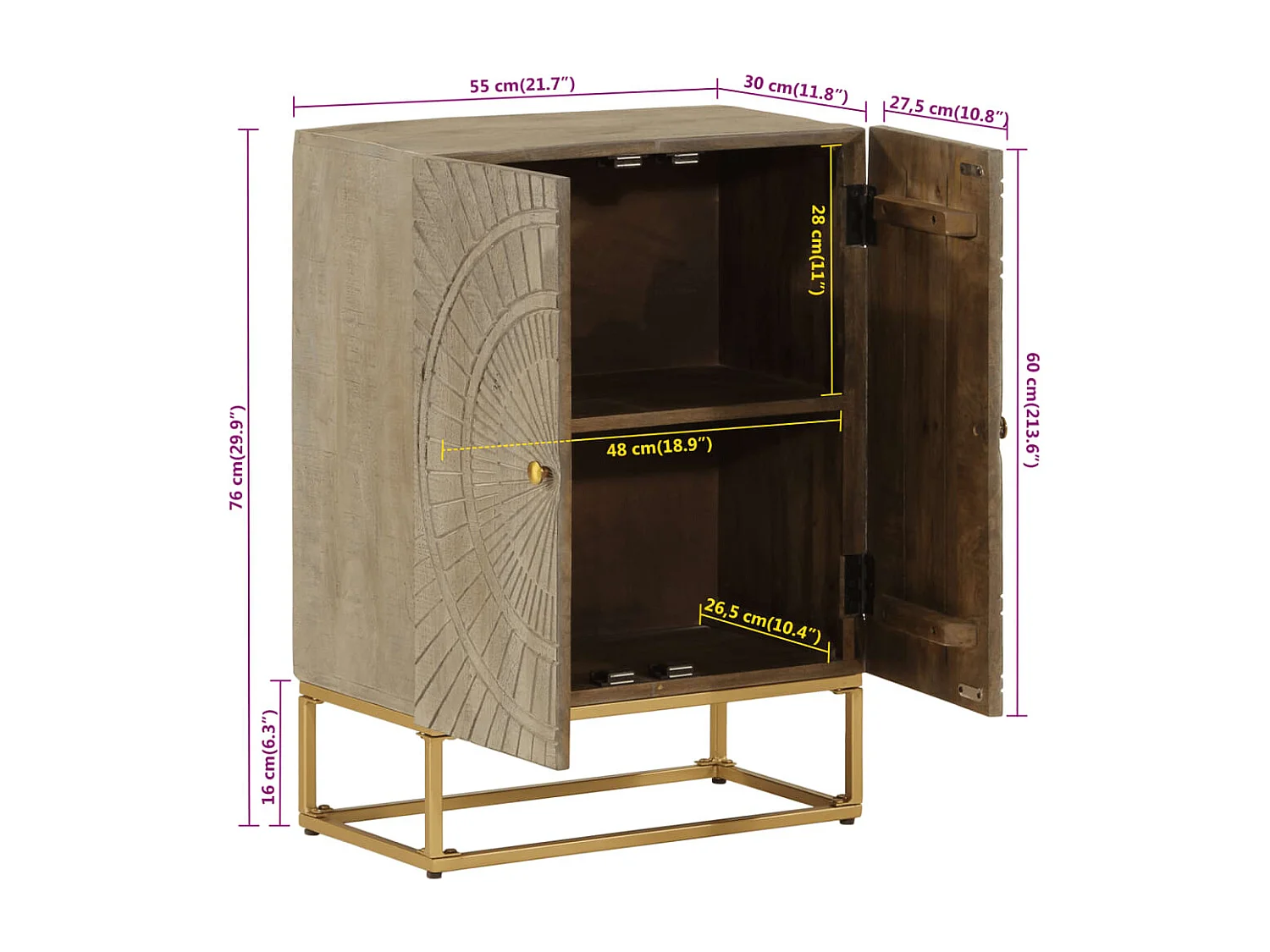 Credenza nera 55x30x76 cm in legno massello di mango e ferro