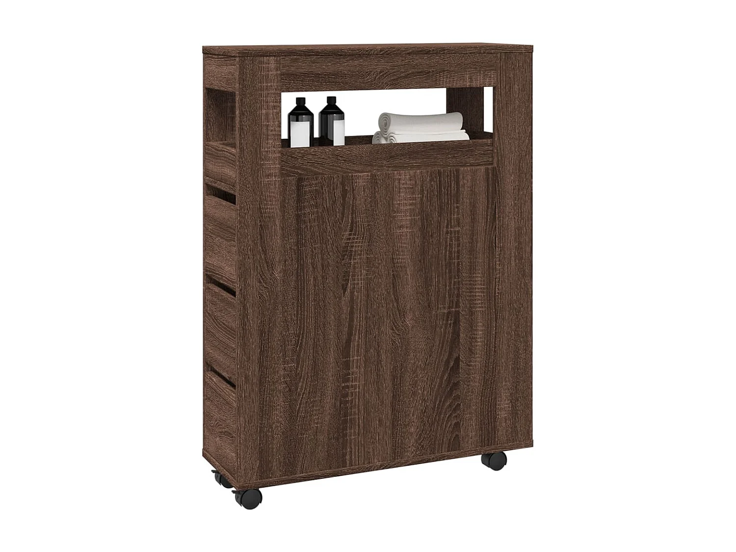 Muebles de baño estrechos con ruedas, roble marrón