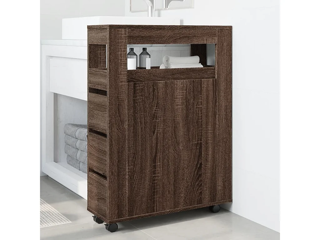 Muebles de baño estrechos con ruedas, roble marrón