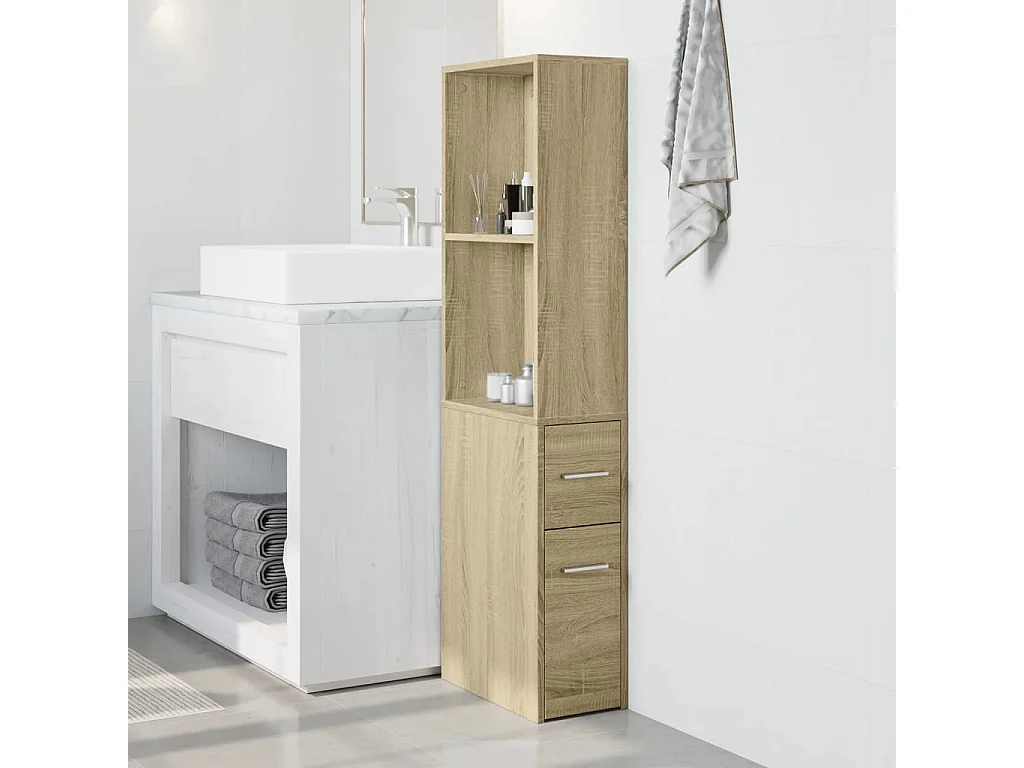 Armoire de salle de bain étroite avec roulettes chêne sonoma
