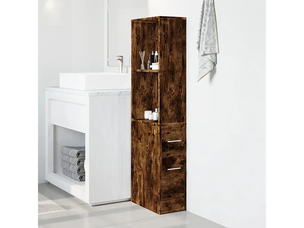 Armoire de salle de bain étroite avec roulettes chêne fumé