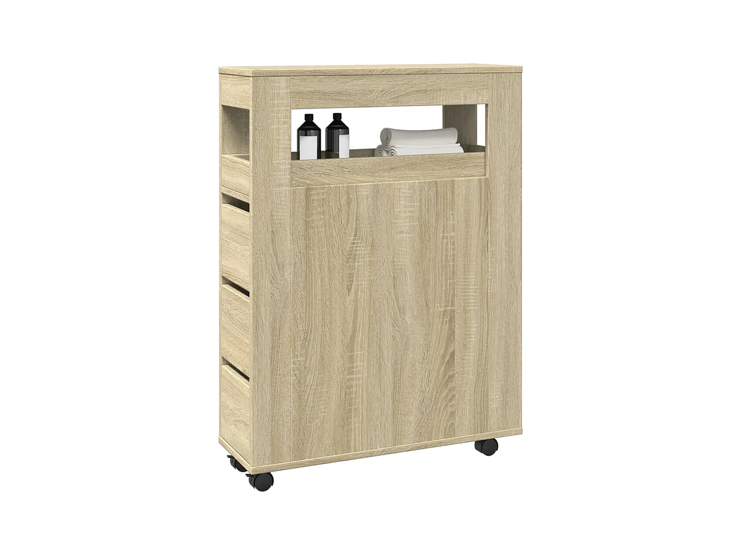 Mueble de baño estrecho con ruedas en roble Sonoma