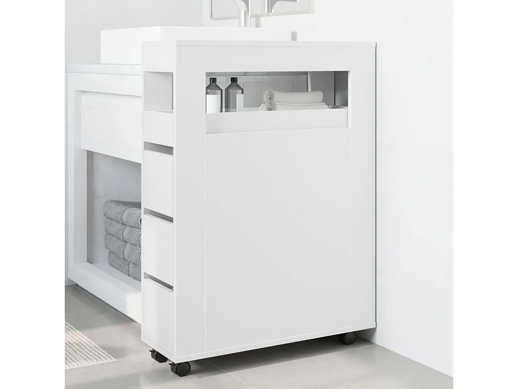 Mobile da bagno bianco stretto con rotelle