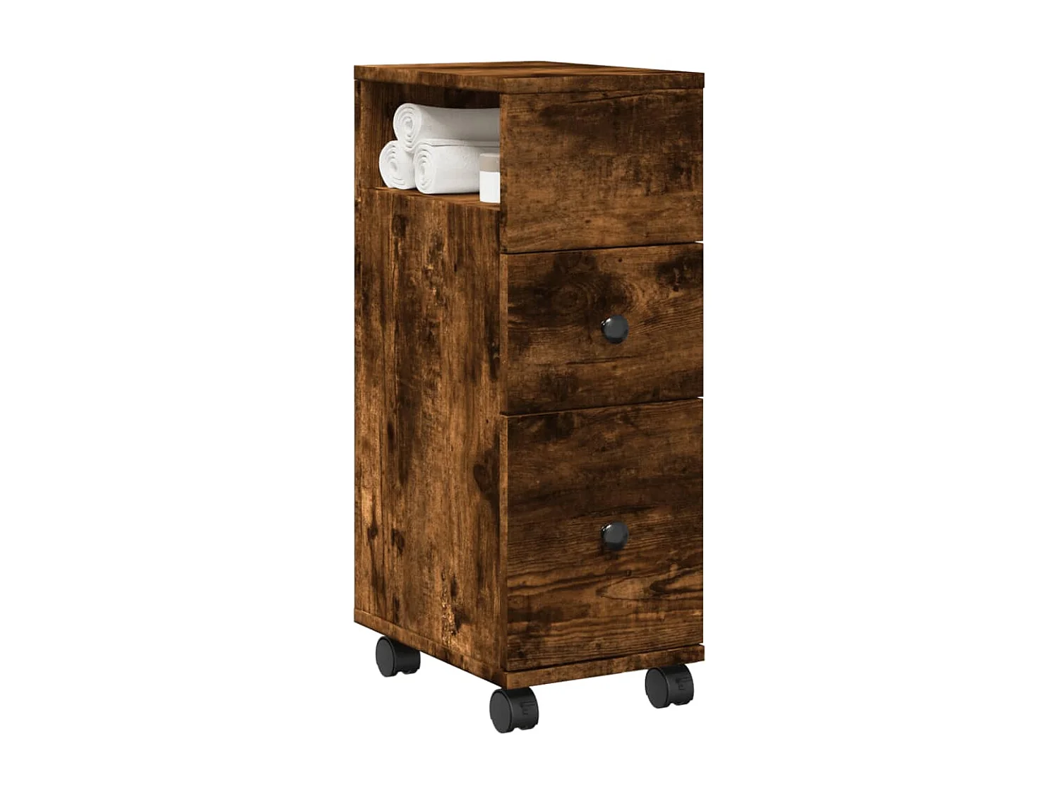 Schmale Badezimmermöbel auf Rollen, geräucherte Eiche