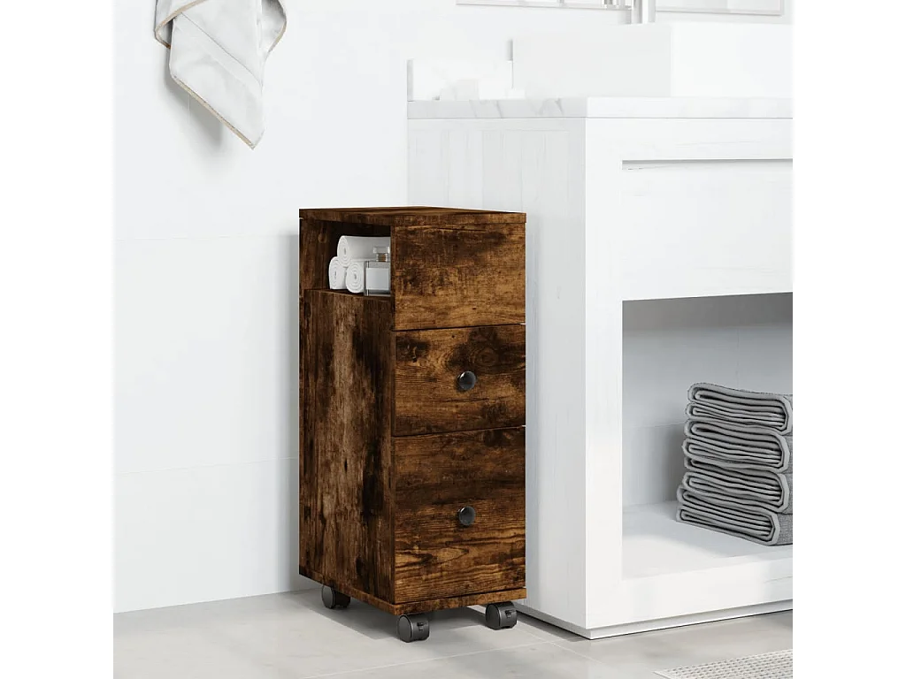 Meuble étroit de salle de bain à roulettes chêne fumé