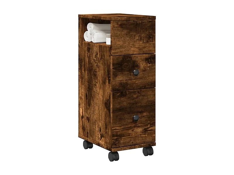 Meuble étroit de salle de bain à roulettes chêne fumé