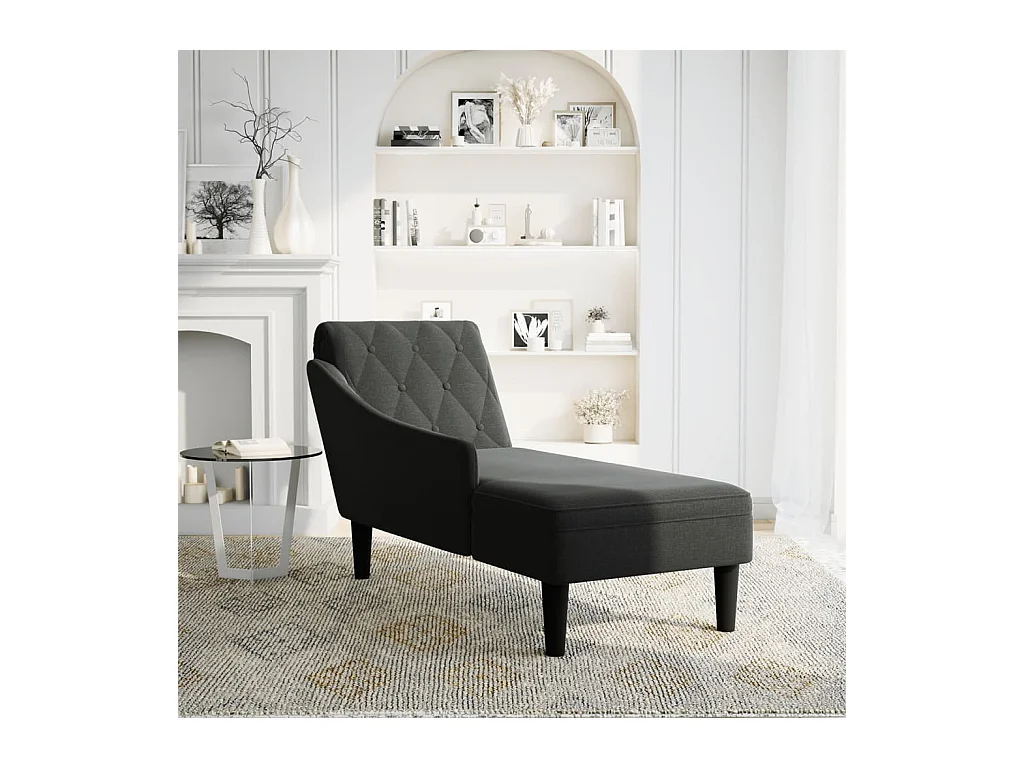 Fauteuil long avec coussin et accoudoir droit noir tissu