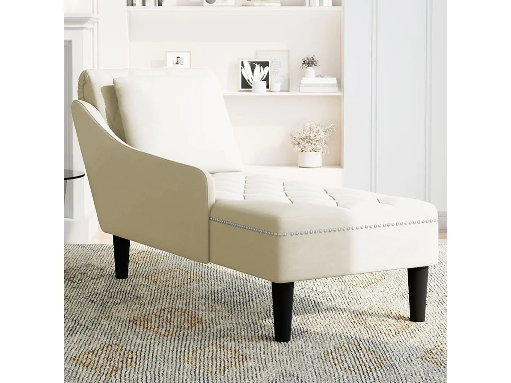 Sillón largo con cojín y reposabrazos derecho terciopelo crema