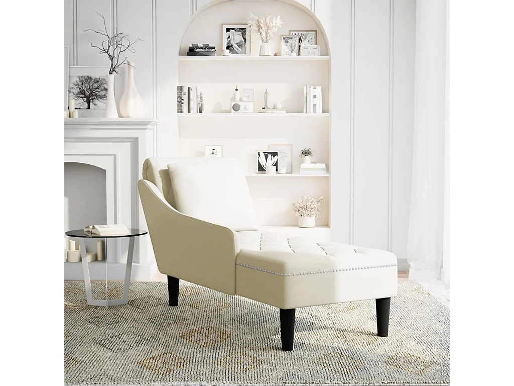 Sillón largo con cojín y reposabrazos derecho terciopelo crema