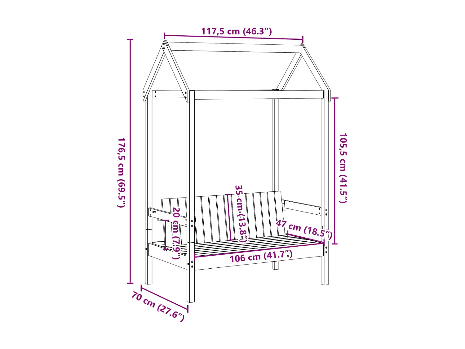 Banc avec toit 117,5x70x176,5 cm bois de pin massif