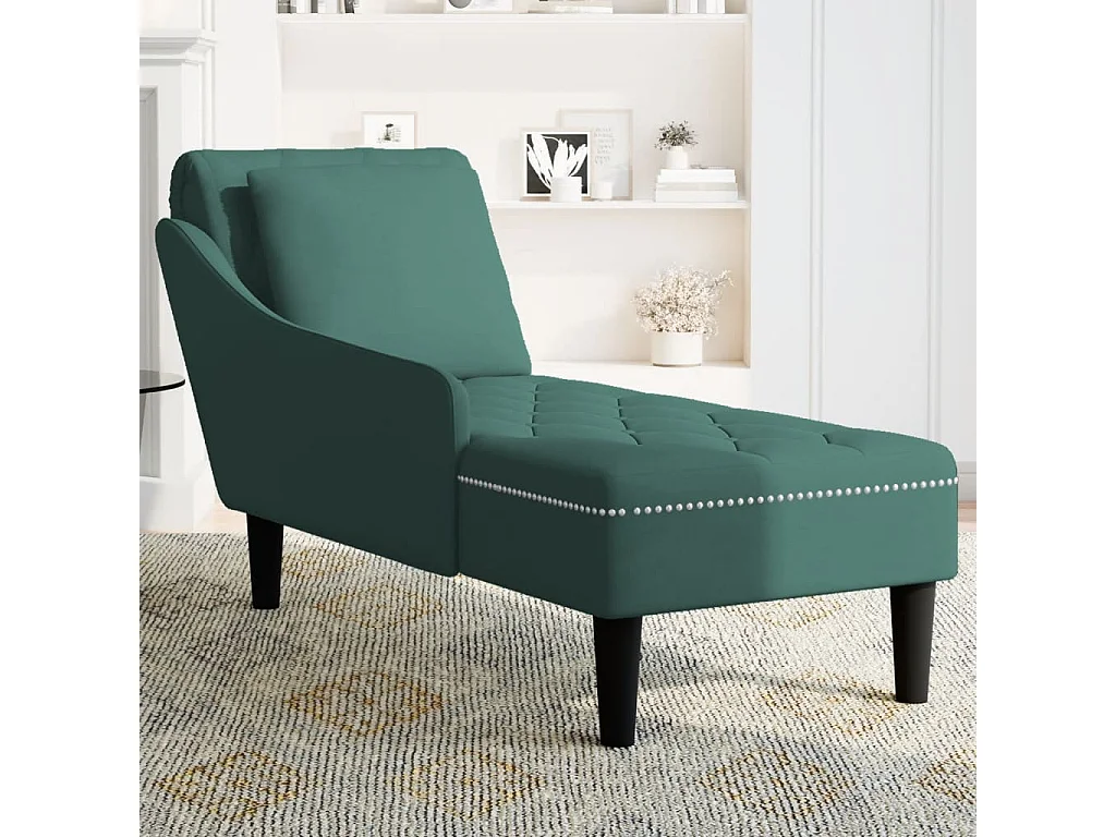 Sillón largo y cojín y reposabrazos derecho terciopelo verde oscuro.