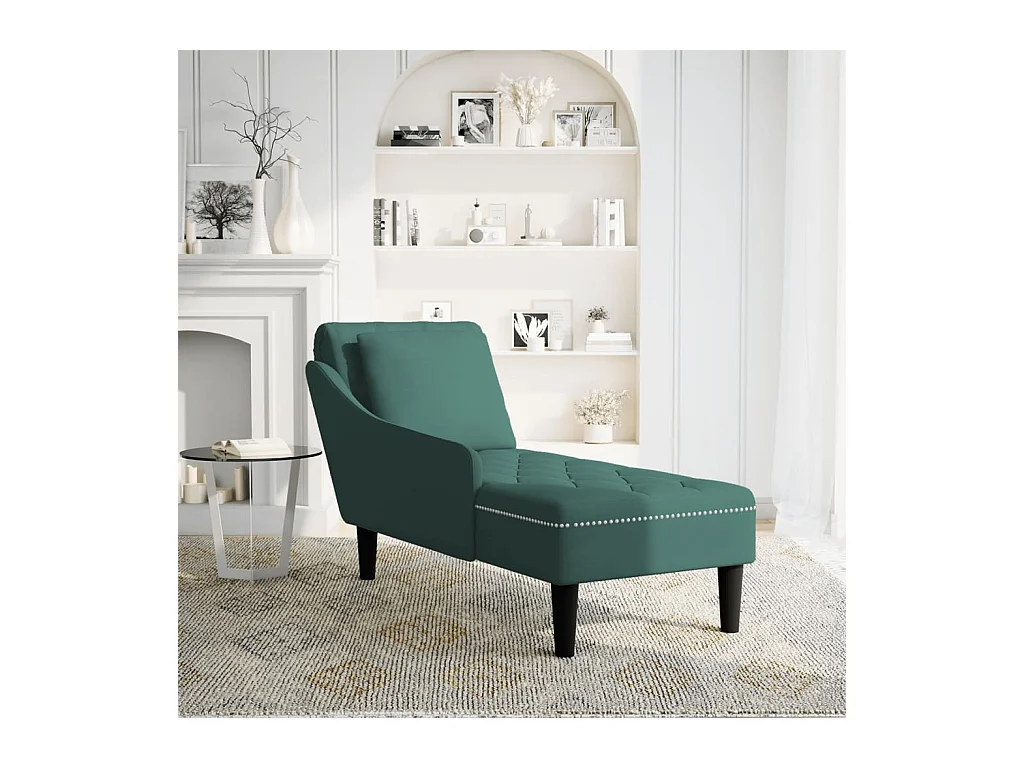 Fauteuil long et coussin et accoudoir droit vert foncé velours