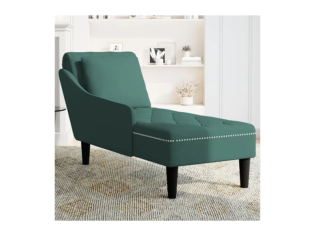 Fauteuil long et coussin et accoudoir droit vert foncé velours