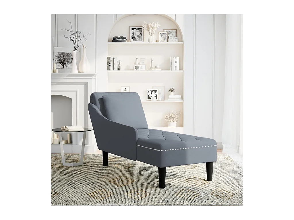 Fauteuil long et coussin et accoudoir droit gris foncé velours