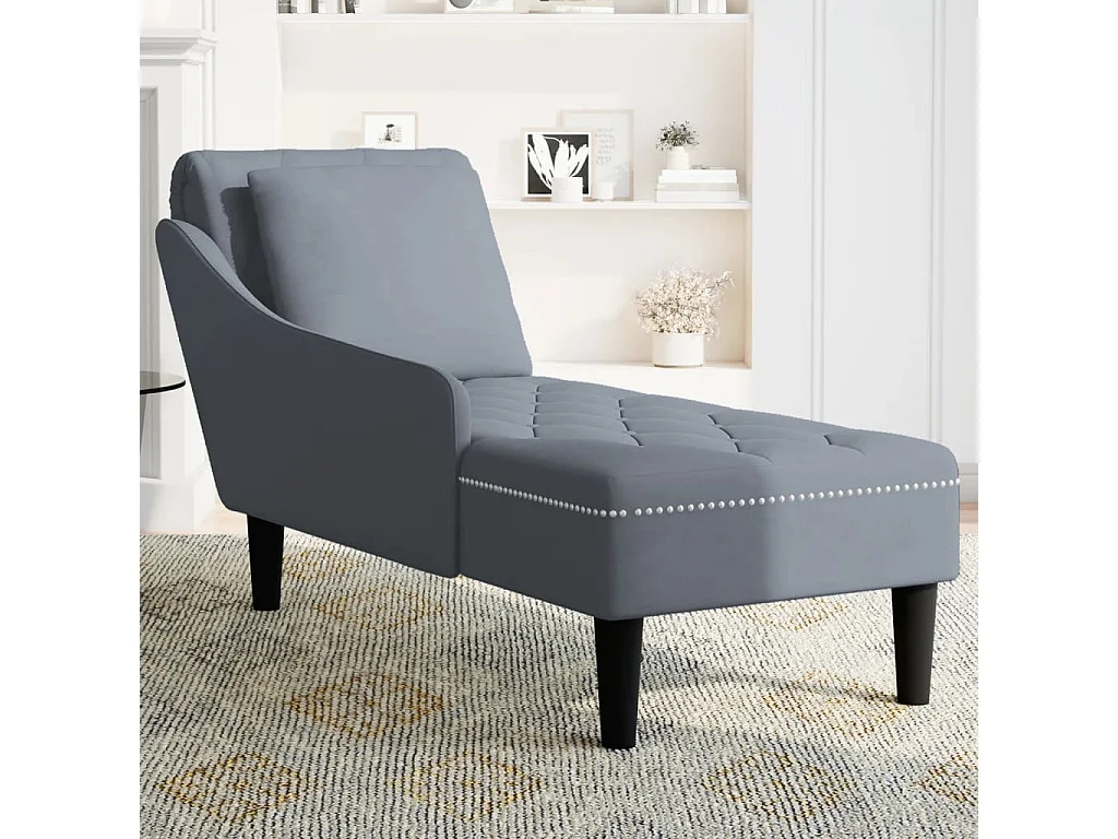 Fauteuil long et coussin et accoudoir droit gris foncé velours