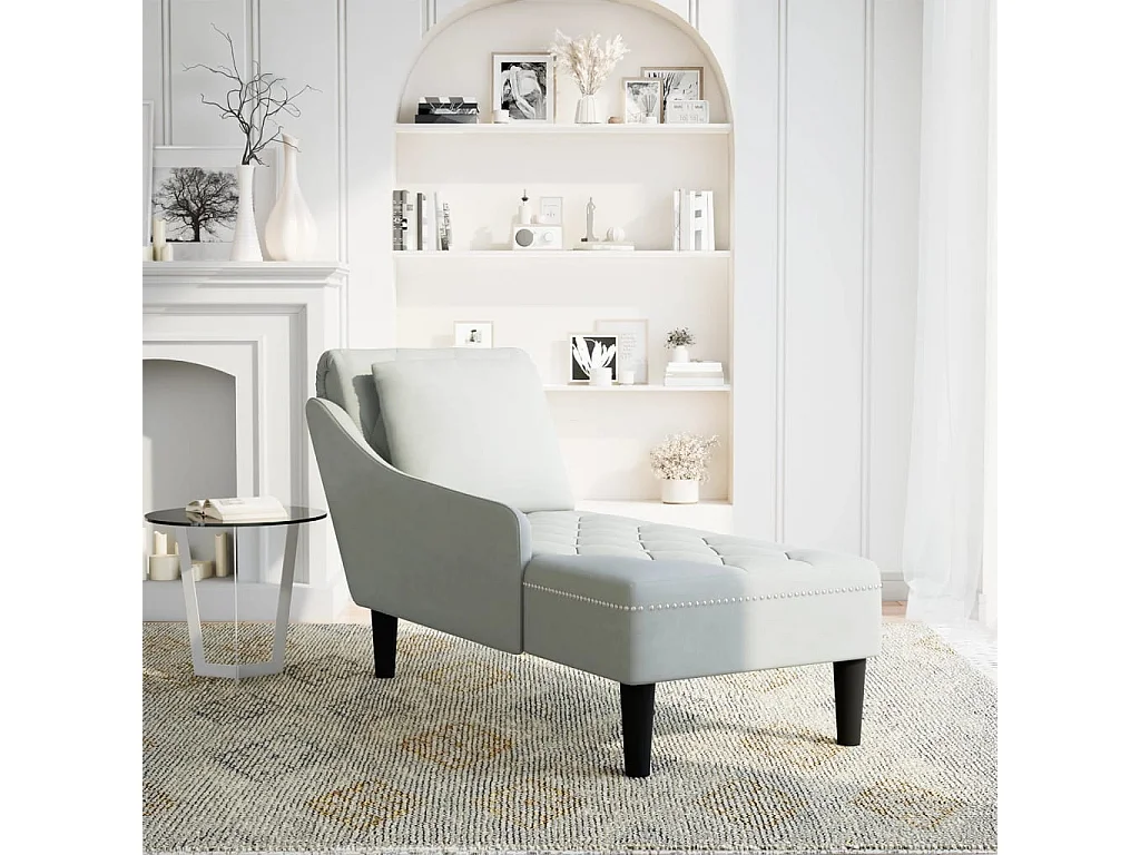 Fauteuil long et coussin et accoudoir droit gris clair velours