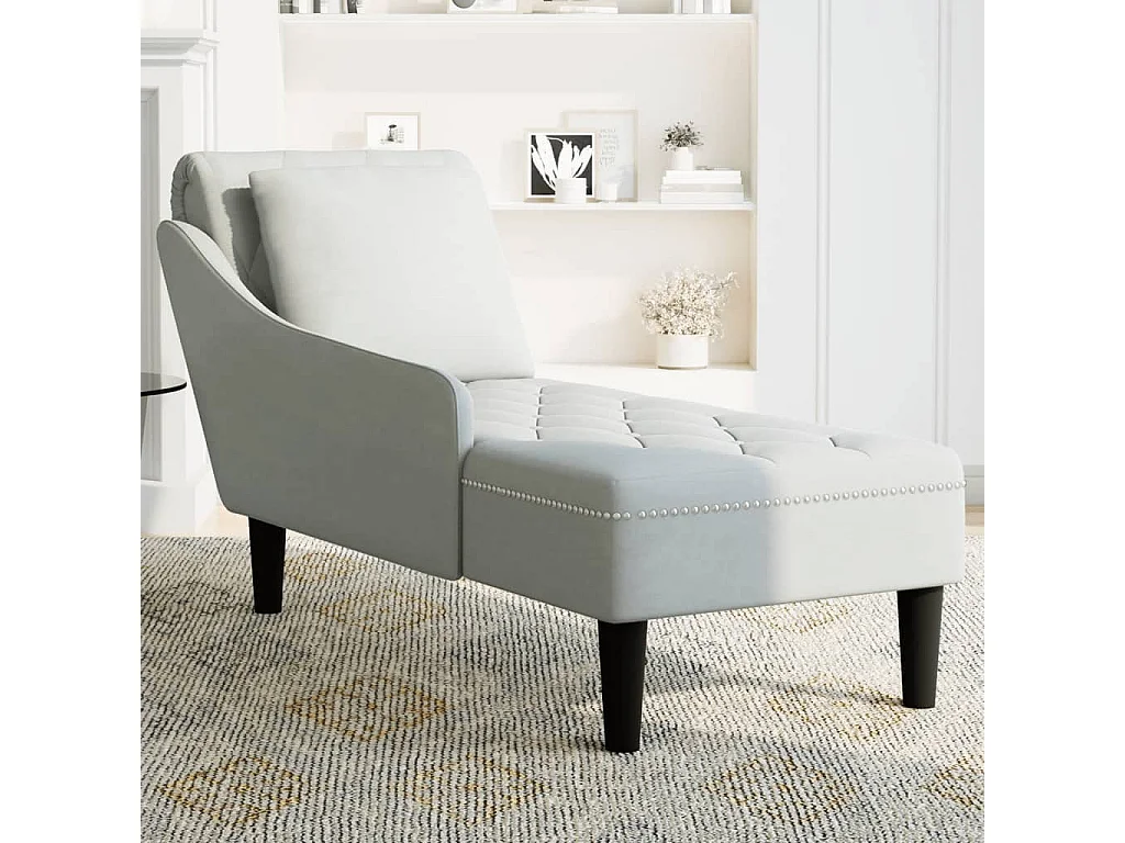 Fauteuil long et coussin et accoudoir droit gris clair velours