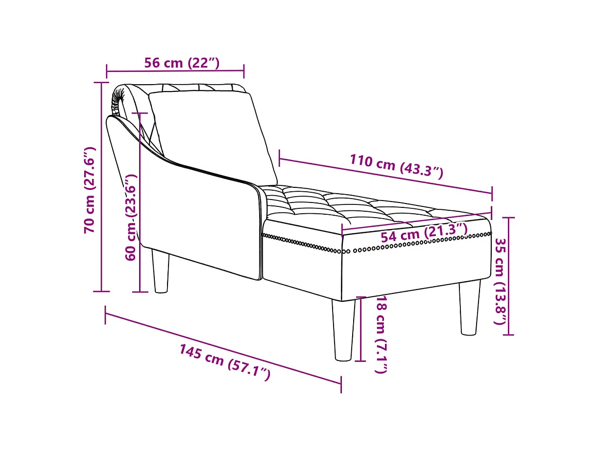 Fauteuil long avec coussin et accoudoir droit rouge bordeaux