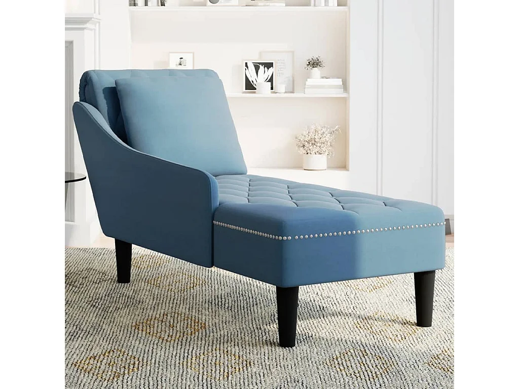 Fauteuil long avec coussin et accoudoir droit bleu velours