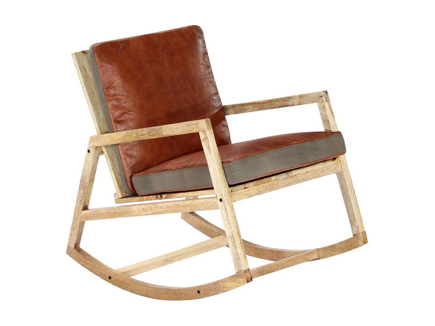 Sedia a dondolo Marrone Vera pelle e legno massello di mango