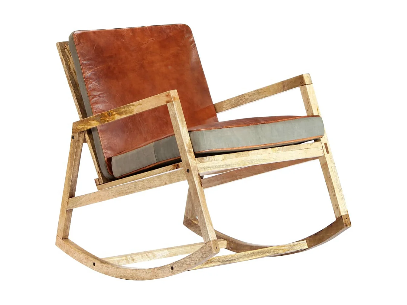 Sedia a dondolo Marrone Vera pelle e legno massello di mango