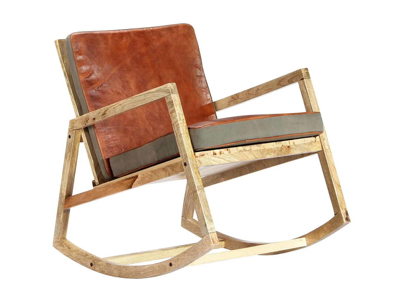 Sedia a dondolo Marrone Vera pelle e legno massello di mango